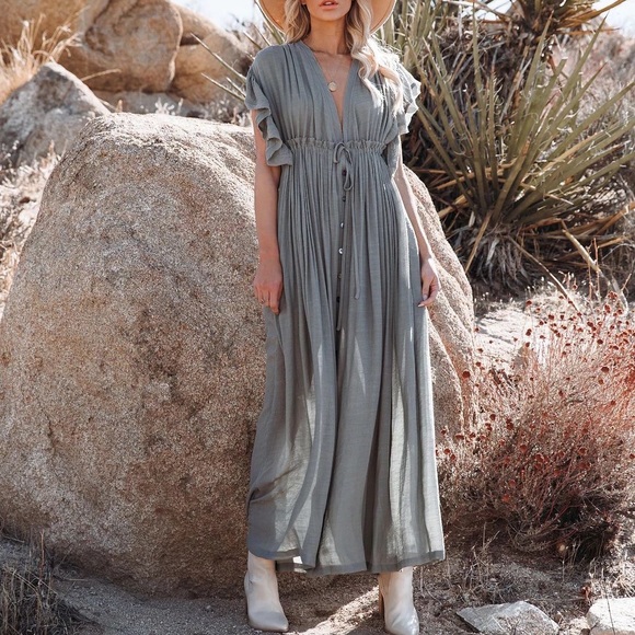 Heather Grey Boho Gauze Button Front Flutter Sheer Maxi Dress W/Adjustable Waist - Picture 6 of 9